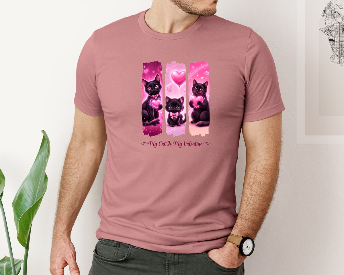brand:Bella Canvas|color:Heather Mauve|Black Cat Valentine Brush Stroke Art Graphic T-Shirt