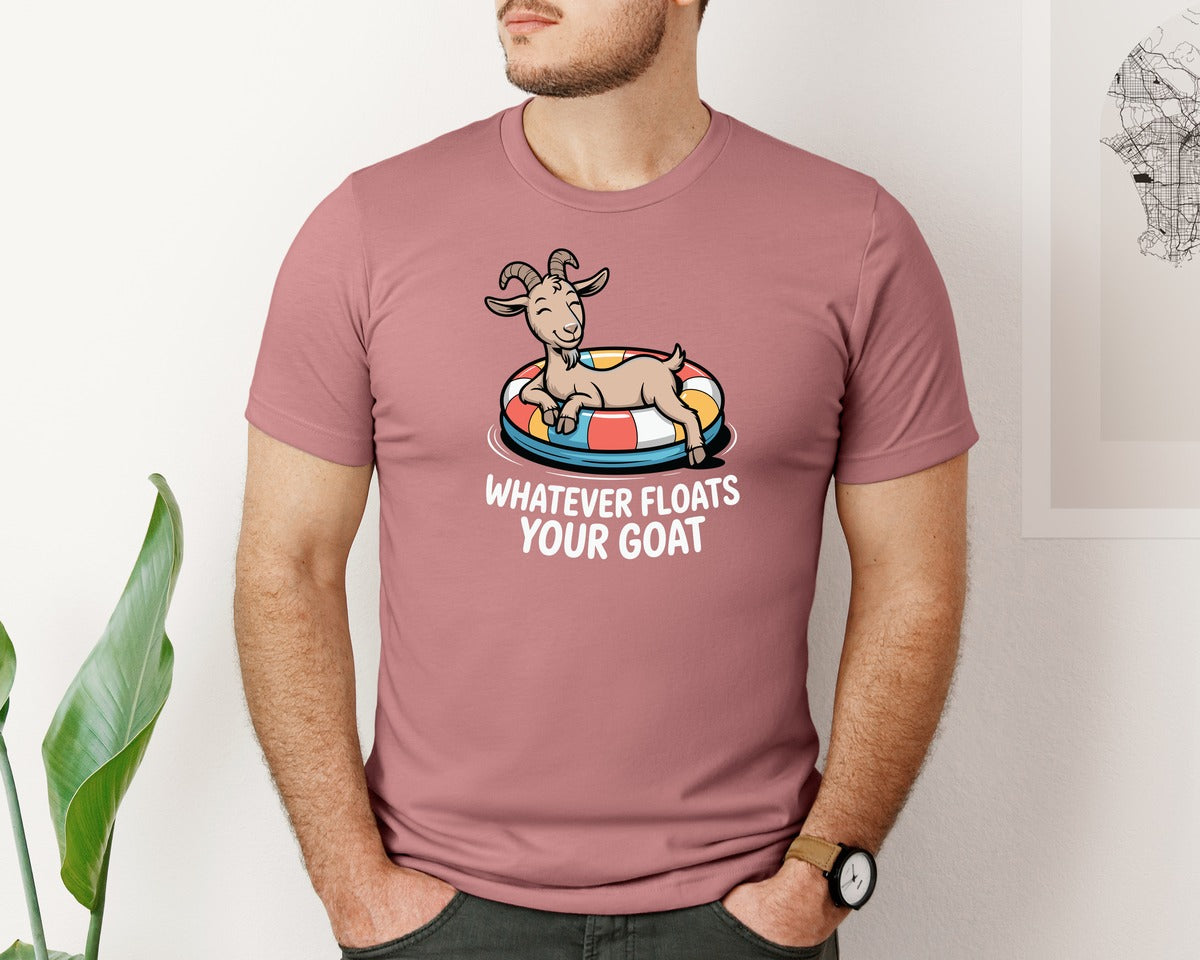 brand:Bella Canvas|color:Heather Mauve|Whatever Floats Goat Funny Puns Graphic T-Shirt
