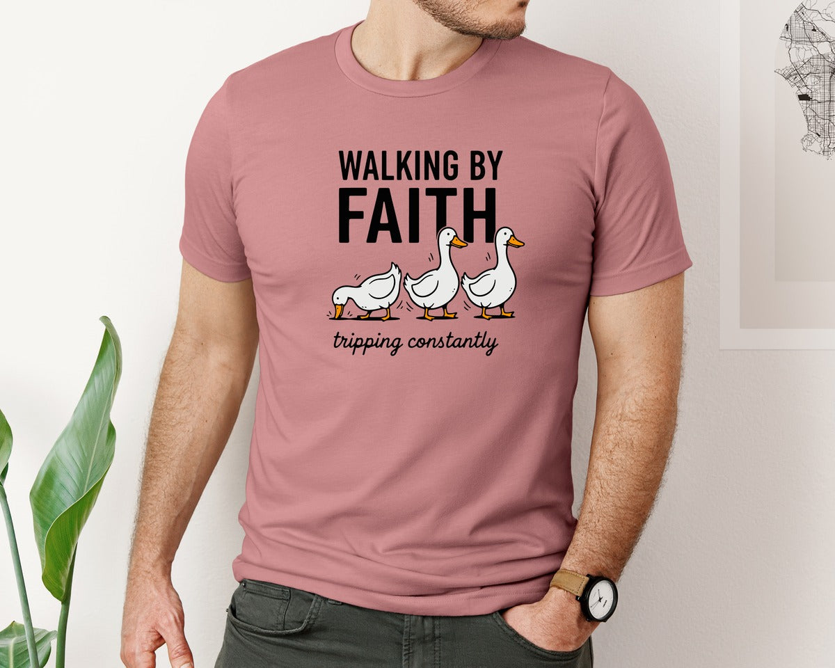 brand:Bella Canvas|color:Heather Mauve|Walking By Faith Tripping Constantly 9 Graphic T-Shirt