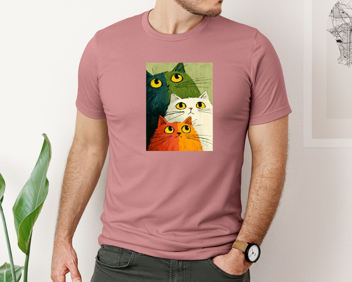 brand:Bella Canvas|color:Heather Mauve|Stacked Cats Colorful Cat Art Graphic T-Shirt