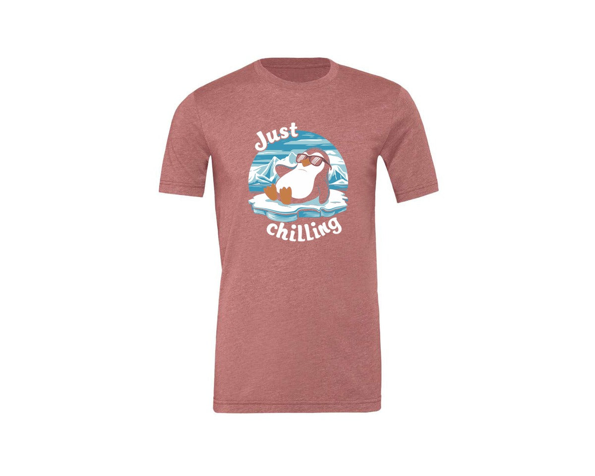 brand:Generic|color:Heather Mauve|Just Chilling Penguin Pun Relaxed Vibes Graphic T-Shirt