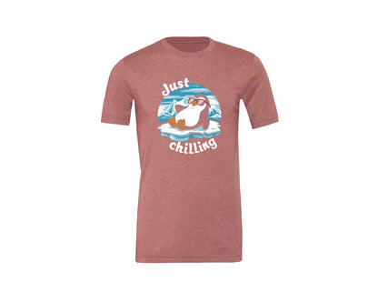 brand:Generic|color:Heather Mauve|Just Chilling Penguin Pun Relaxed Vibes Graphic T-Shirt