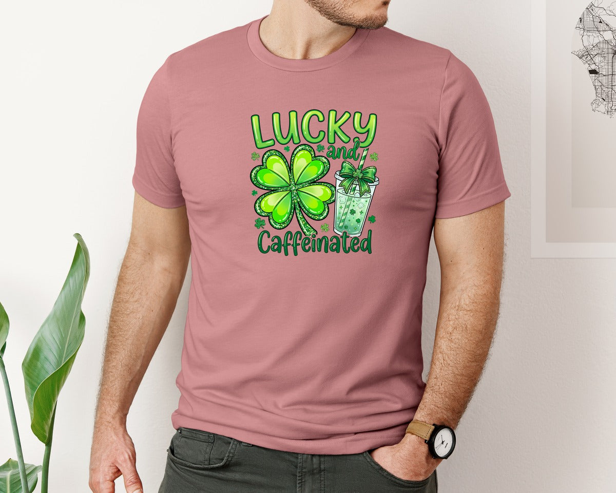 brand:Bella Canvas|color:Heather Mauve|Lucky And Caffeinated St Patricks Graphic T-Shirt