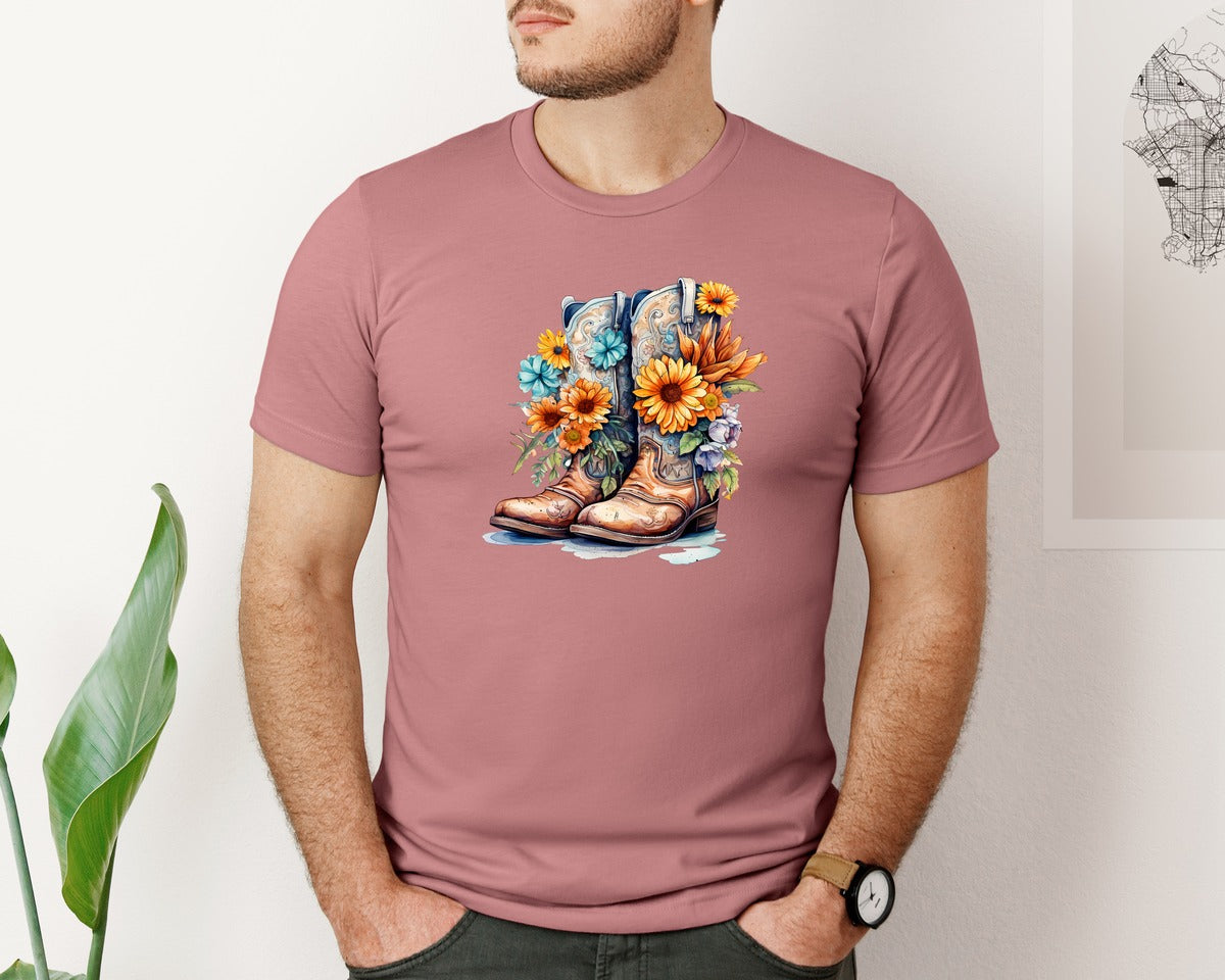 brand:Bella Canvas|color:Heather Mauve|Hippie Cowboy Boots Wild Flowers Graphic T-Shirt