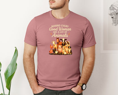 brand:Bella Canvas|color:Heather Mauve|Behind Every Good Woman Funny Farm Graphic T-Shirt