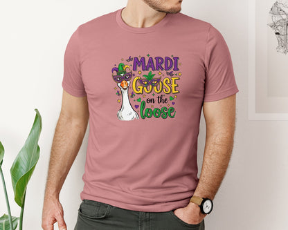 brand:Bella Canvas|color:Heather Mauve|Funny Mardi Gras Goose On The Loose 2 Graphic T-Shirt