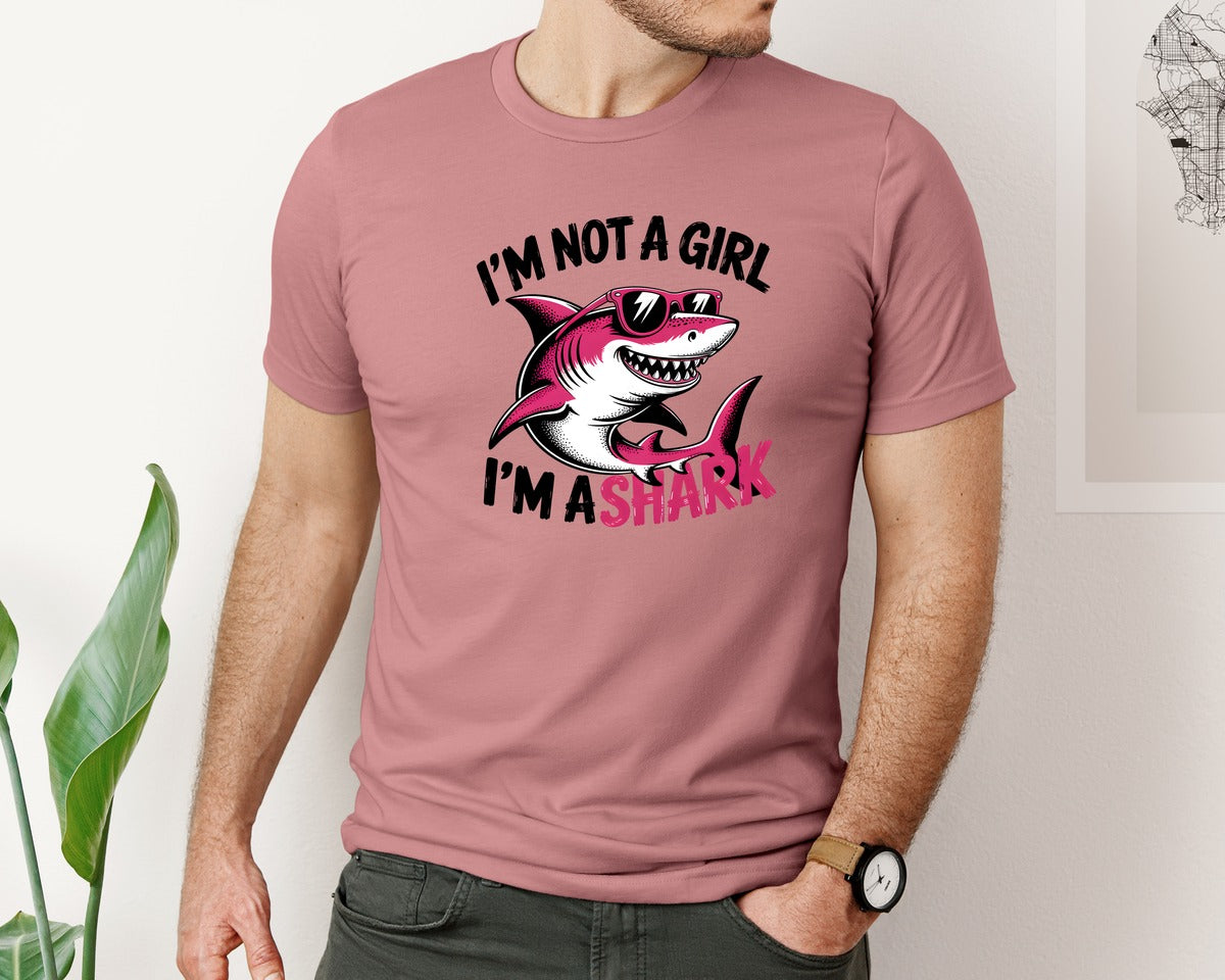 brand:Bella Canvas|color:Heather Mauve|Cool Pink Shark With Sunglasses Graphic T-Shirt