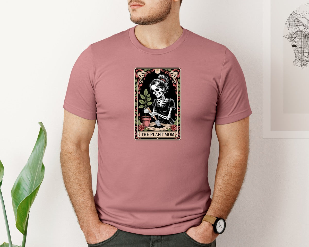 brand:Bella Canvas|color:Heather Mauve|Plant Mom Tarot Card Skeleton Halloween Graphic T-Shirt