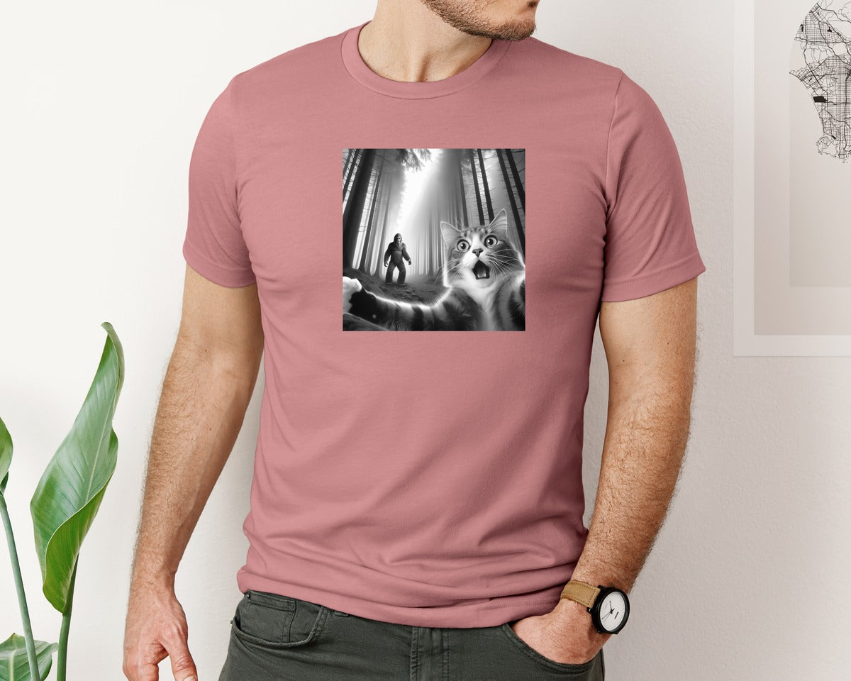 brand:Bella Canvas|color:Heather Mauve|Selfie Of Scared Cat And Bigfoot Graphic T-Shirt