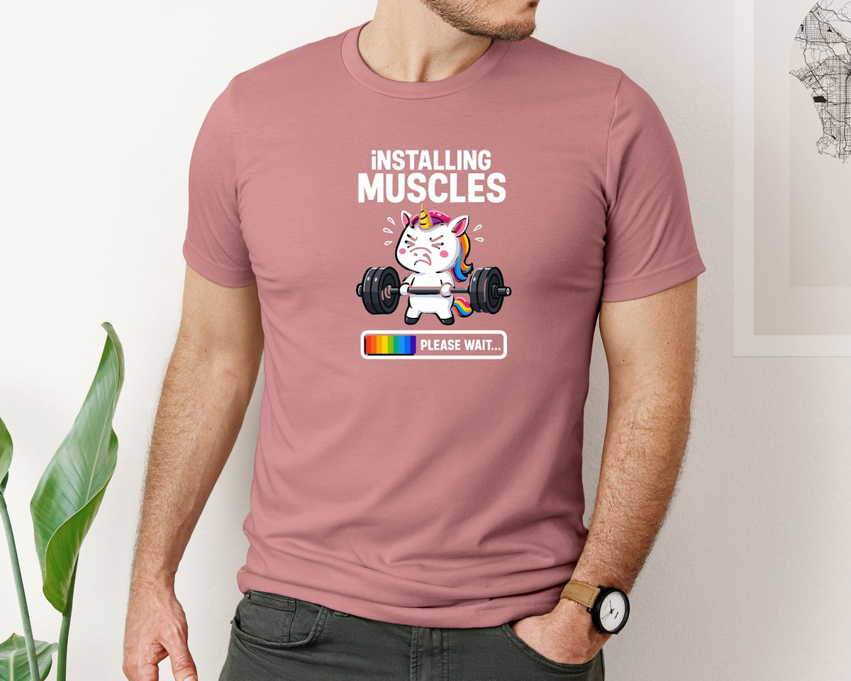 brand:Bella Canvas|color:Heather Mauve|Installing Muscles Unicorn Gym Quotes Graphic T-Shirt