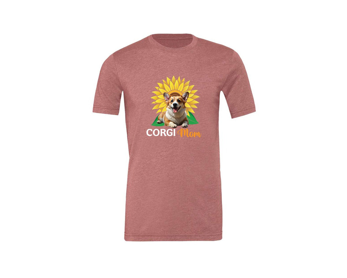 brand:Generic|color:Heather Mauve|Corgi Mom Sunflower Graphic T-Shirt