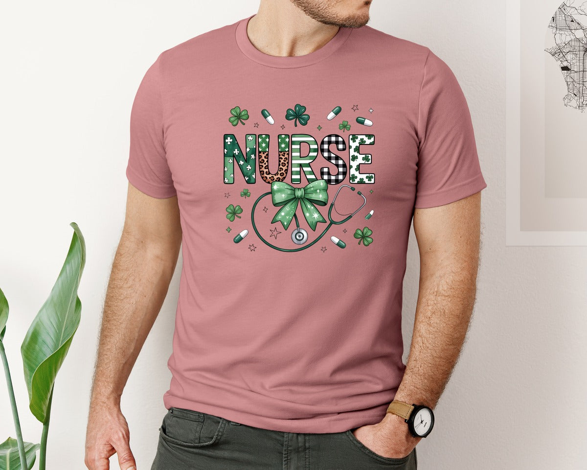 brand:Bella Canvas|color:Heather Mauve|St Patricks Day Nurse Shamrock Graphic T-Shirt