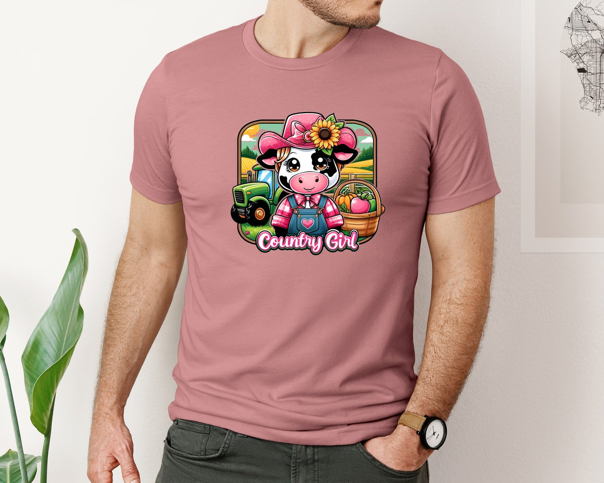 brand:Bella Canvas|color:Heather Mauve|Country Girl Cute Farm Cartoon Graphic T-Shirt