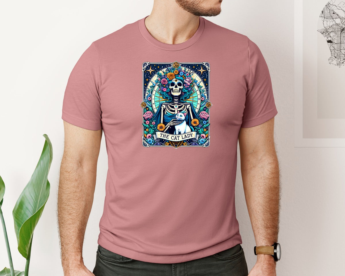 brand:Bella Canvas|color:Heather Mauve|The Cat Lady Tarot Card Funny Cat W Graphic T-Shirt