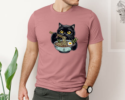 brand:Bella Canvas|color:Heather Mauve|Cute Black Cat Eating Ramen Noodle Graphic T-Shirt