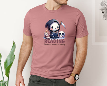 brand:Bella Canvas|color:Heather Mauve|Reading Funny Grim Reaper Quote Graphic T-Shirt