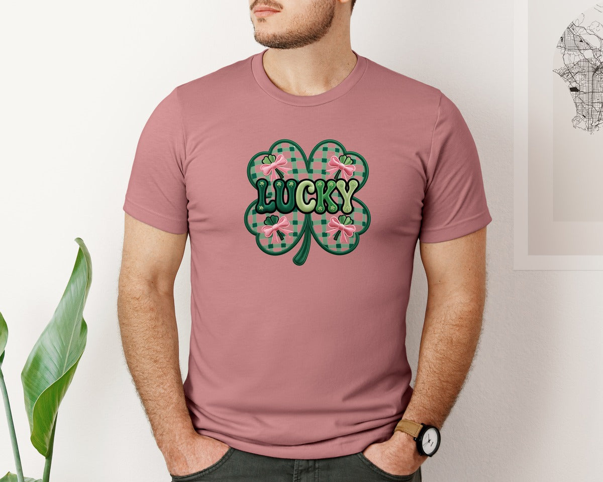 brand:Bella Canvas|color:Heather Mauve|Faux Yarn Lucky Patrick Day Graphic T-Shirt