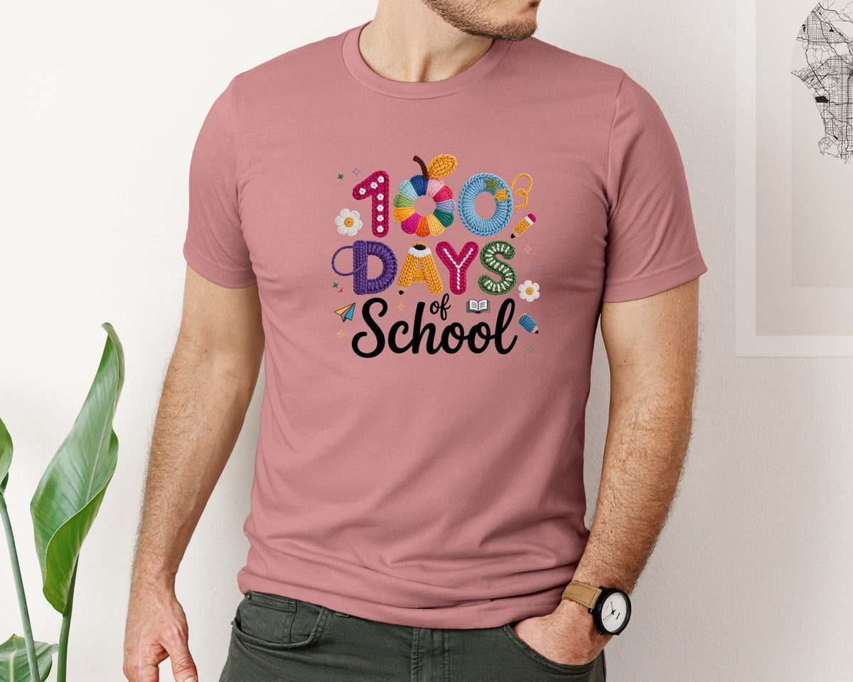 brand:Bella Canvas|color:Heather Mauve|Crochet 100 Days Of School Cute Graphic T-Shirt