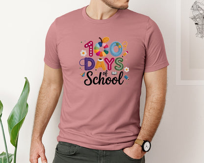 brand:Bella Canvas|color:Heather Mauve|Crochet 100 Days Of School Cute Graphic T-Shirt