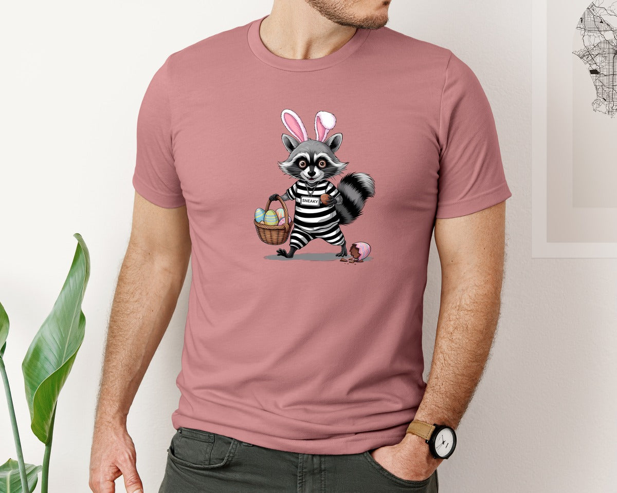 brand:Bella Canvas|color:Heather Mauve|Raccoon Easter Bunny Thief Retro Graphic T-Shirt