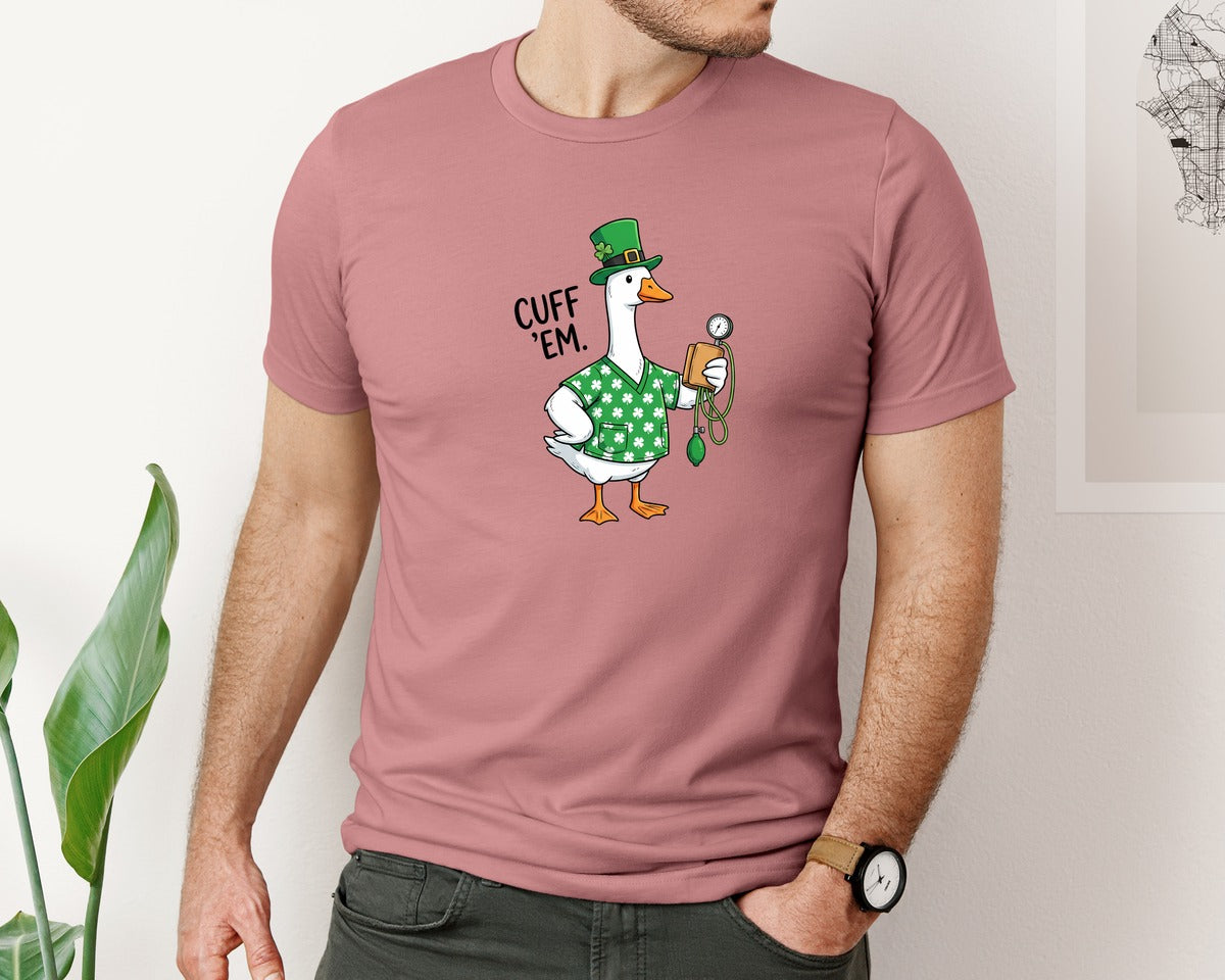 brand:Bella Canvas|color:Heather Mauve|Cute Irish Nurse Goose Cuff Em Graphic T-Shirt