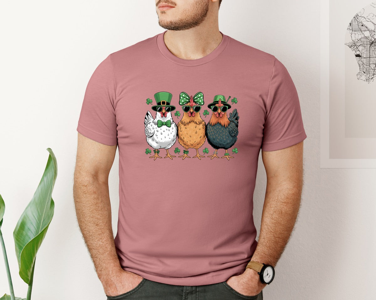 brand:Bella Canvas|color:Heather Mauve|Funny Chicken St Patricks Day Graphic T-Shirt