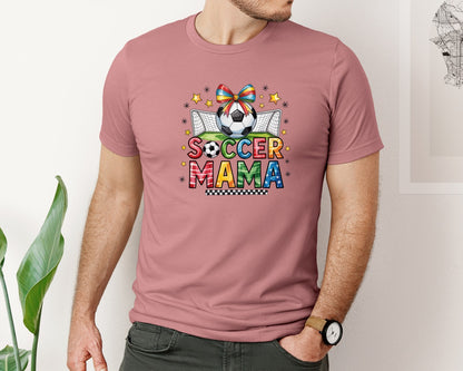 brand:Bella Canvas|color:Heather Mauve|Colorful Coquette Bow Soccer Mama Graphic T-Shirt