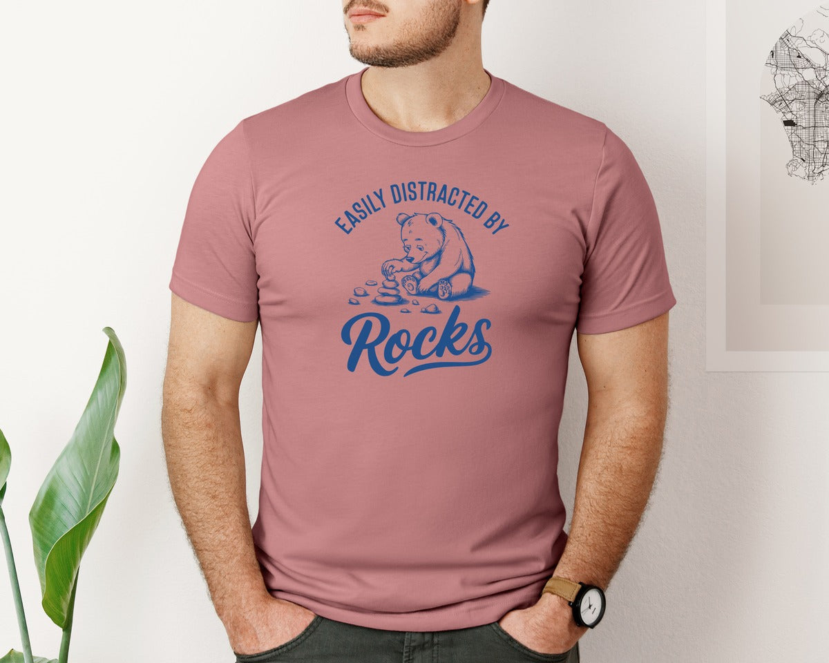 brand:Bella Canvas|color:Heather Mauve|Easily Distracted By Rocks Design Graphic T-Shirt