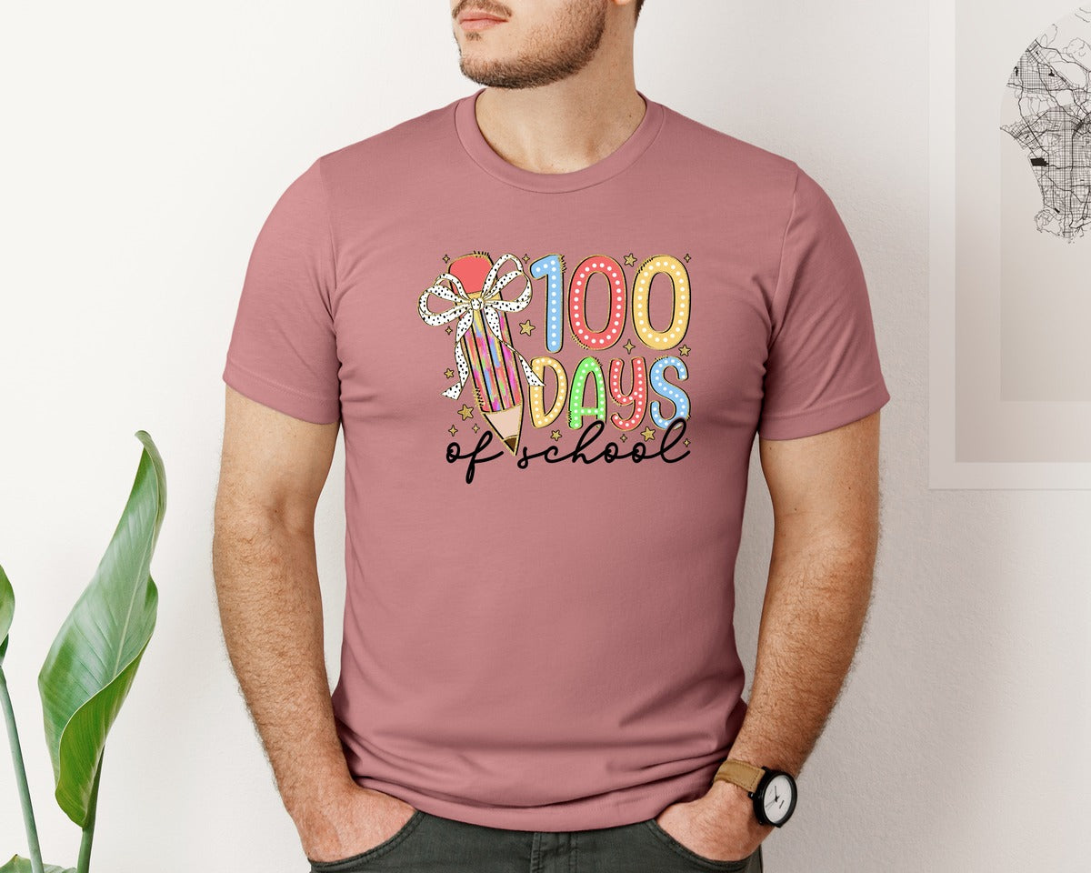 brand:Bella Canvas|color:Heather Mauve|100 Days Of School Cute Pencil Bow Graphic T-Shirt