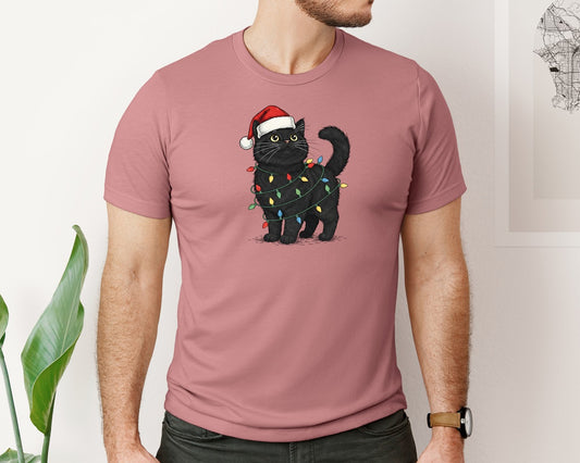 Cute Black Cat Christmas Santa Hat Graphic T-Shirt