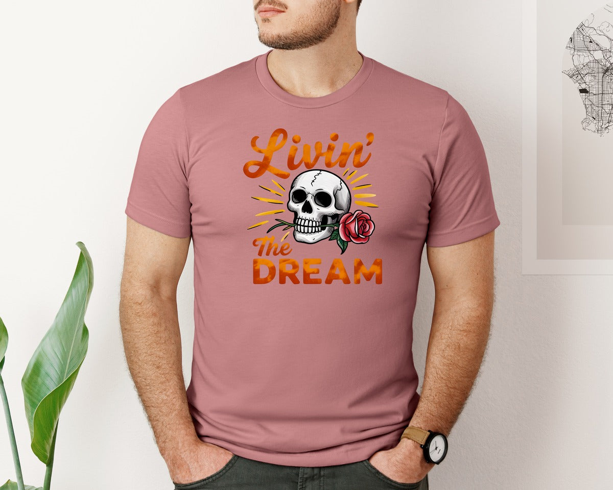 brand:Bella Canvas|color:Heather Mauve|Livin The Dream Skull Graphic T-Shirt