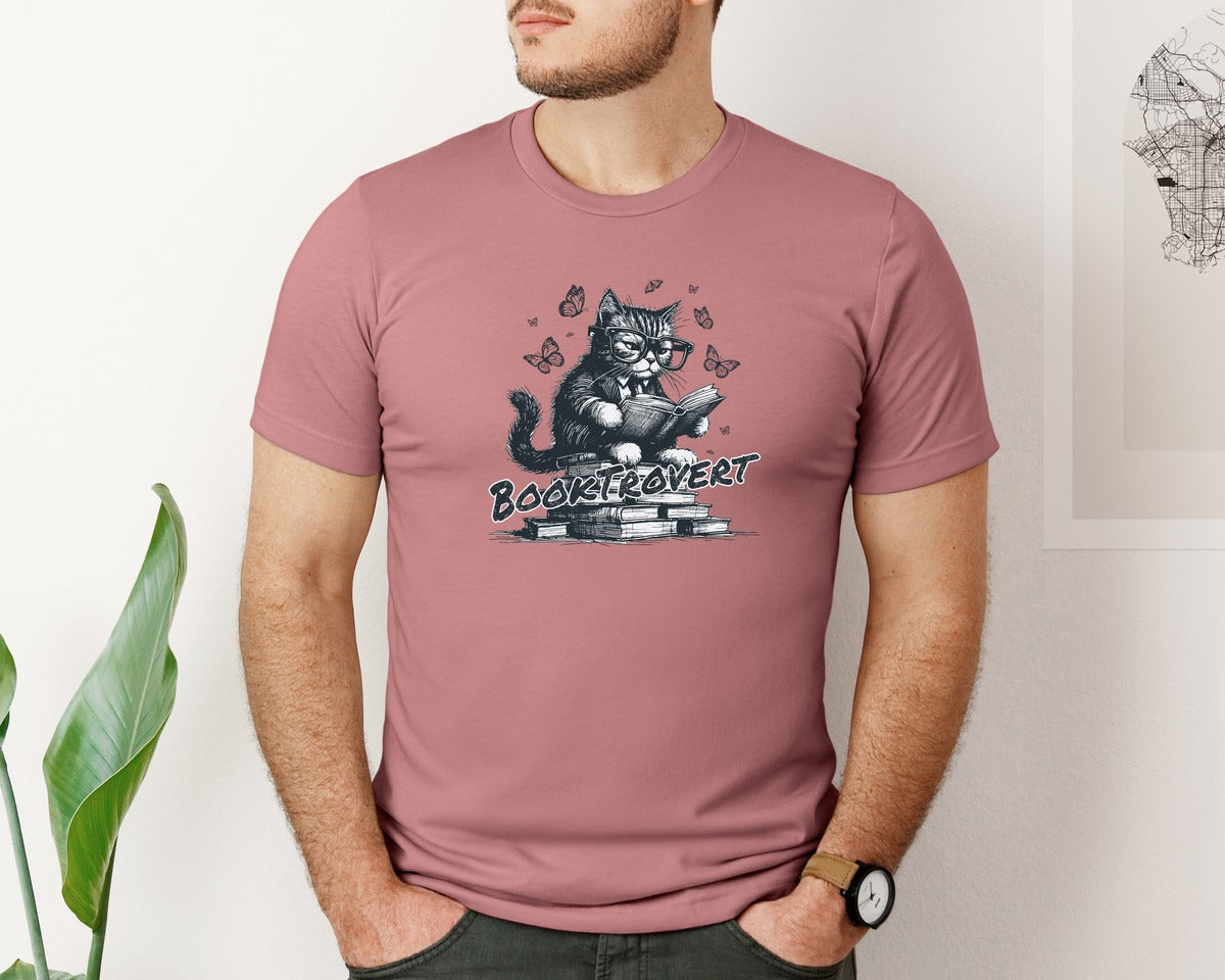 brand:Bella Canvas|color:Heather Mauve|Book Trovert Reading Cat Shirt Graphic T-Shirt