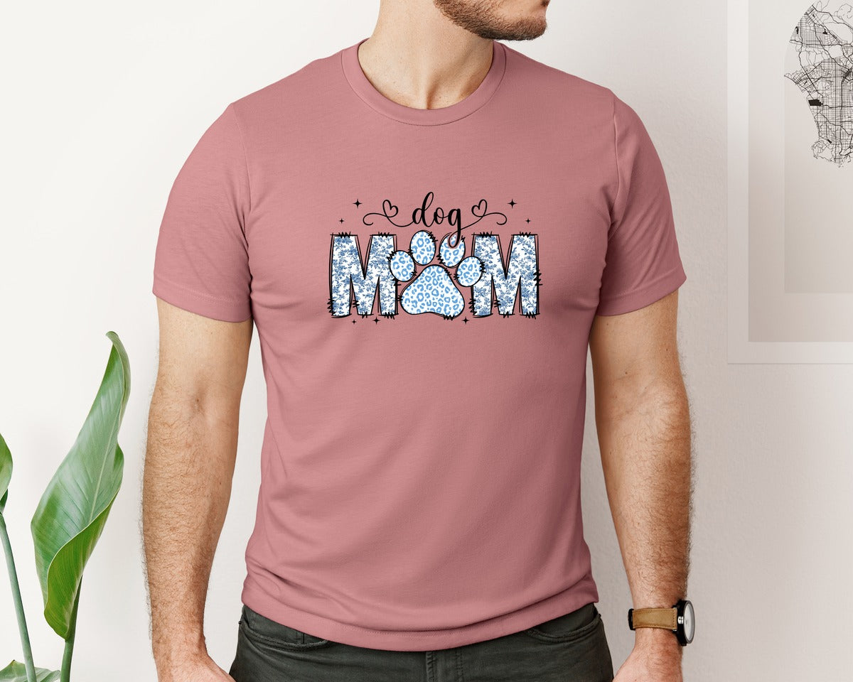 brand:Bella Canvas|color:Heather Mauve|Blue Toile Dog Mom Retro Aesthetic Graphic T-Shirt
