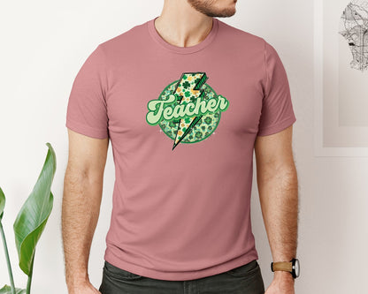 brand:Bella Canvas|color:Heather Mauve|Teacher Lucky Lightning St Patricks Graphic T-Shirt
