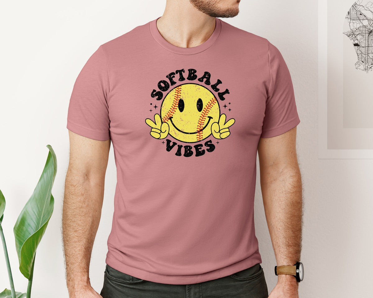 brand:Bella Canvas|color:Heather Mauve|Softball Vibes Retro Happy Smiley Face Graphic T-Shirt