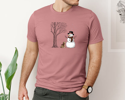 brand:Bella Canvas|color:Heather Mauve|Winter Snowman And Dog Snow Scene Graphic T-Shirt