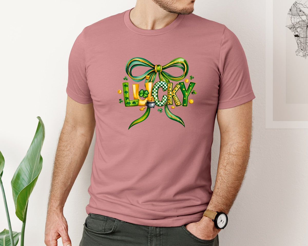 brand:Bella Canvas|color:Heather Mauve|Coquette St Patricks Bow Gold Lucky Graphic T-Shirt