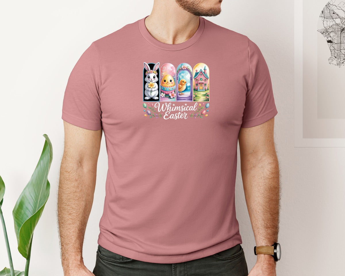 brand:Bella Canvas|color:Heather Mauve|Whimsical Easter Bunny Chick Egg Graphic T-Shirt