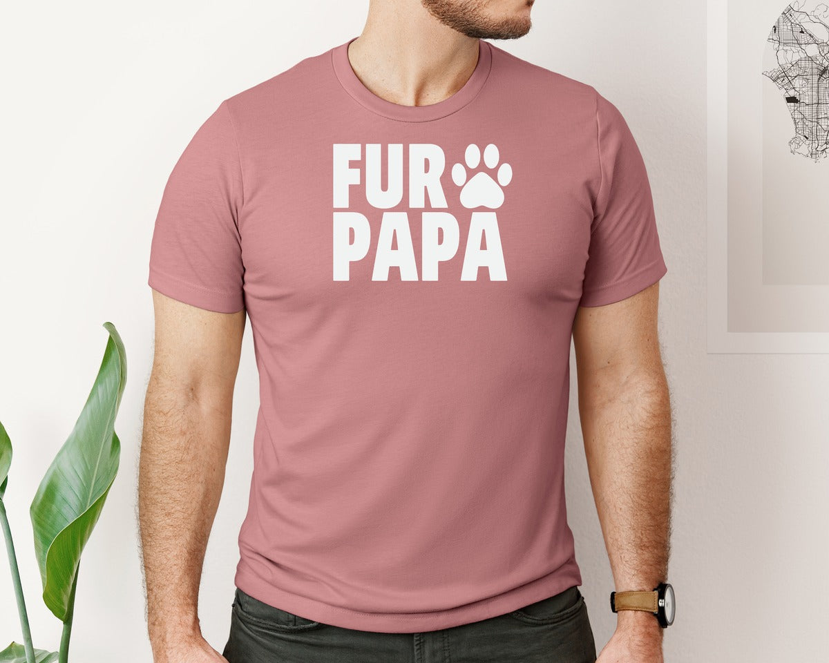 brand:Bella Canvas|color:Heather Mauve|Funny Fur Papa Shirt Pet Lover Dog Dad Graphic T-Shirt