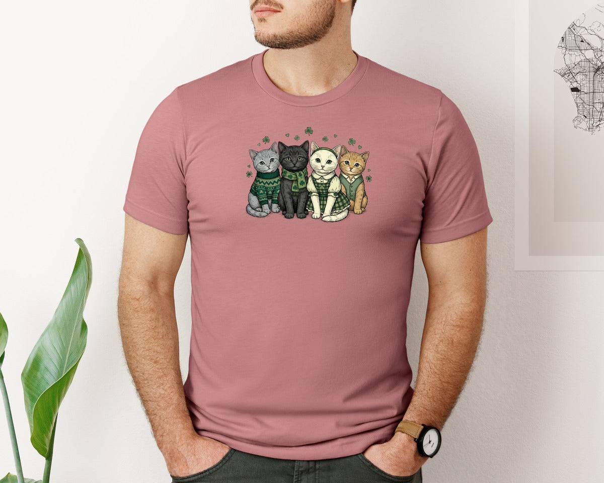 brand:Bella Canvas|color:Heather Mauve|Cute St Patricks Day Cats Graphic T-Shirt