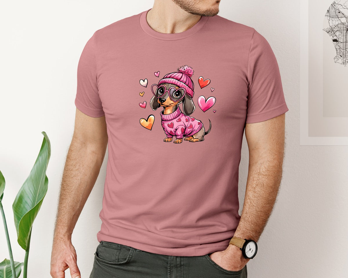 brand:Bella Canvas|color:Heather Mauve|Valentine Dachshund Dog Sausage Dog 3 Graphic T-Shirt