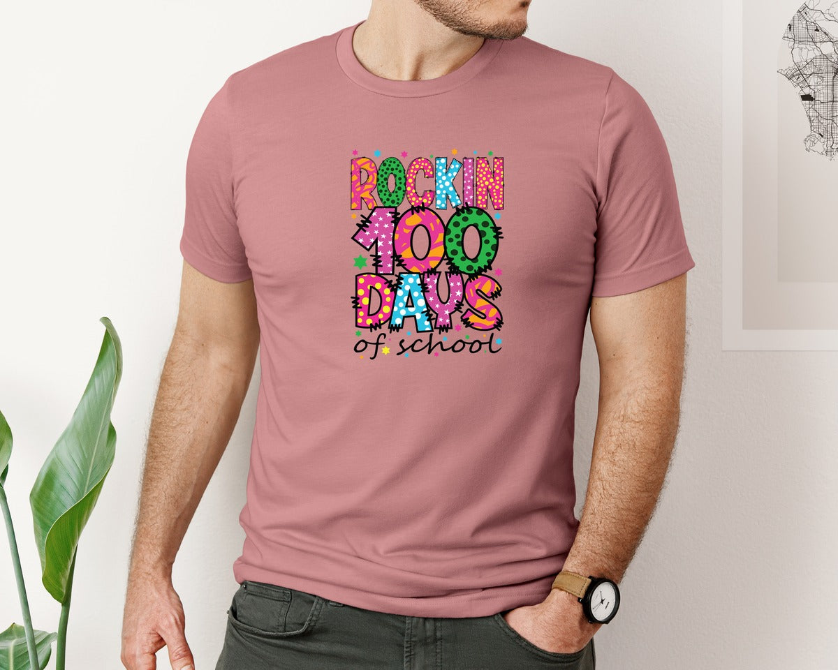 brand:Bella Canvas|color:Heather Mauve|Rocking 100 Days Of School Graphic T-Shirt
