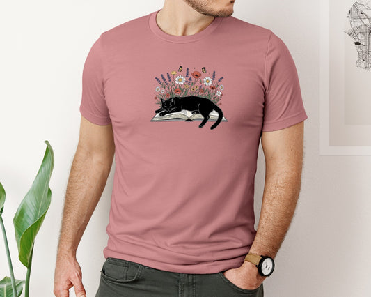 Black Cat With Book And Wildflowers Graphic T-Shirt