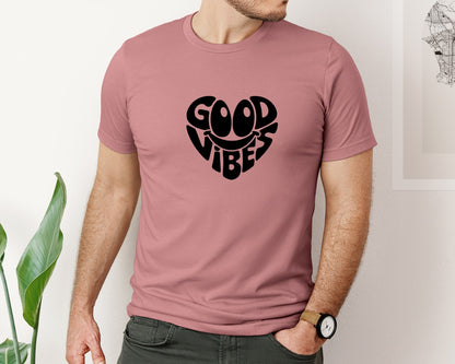 brand:Bella Canvas|color:Heather Mauve|Good Vibes Heart Inspirational Graphic T-Shirt