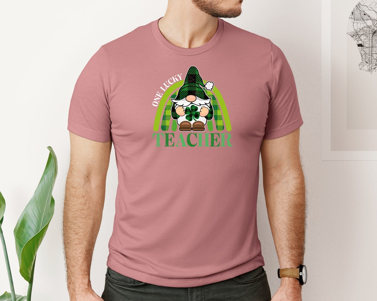 brand:Bella Canvas|color:Heather Mauve|St Patricks Day Gnome Teacher Graphic T-Shirt