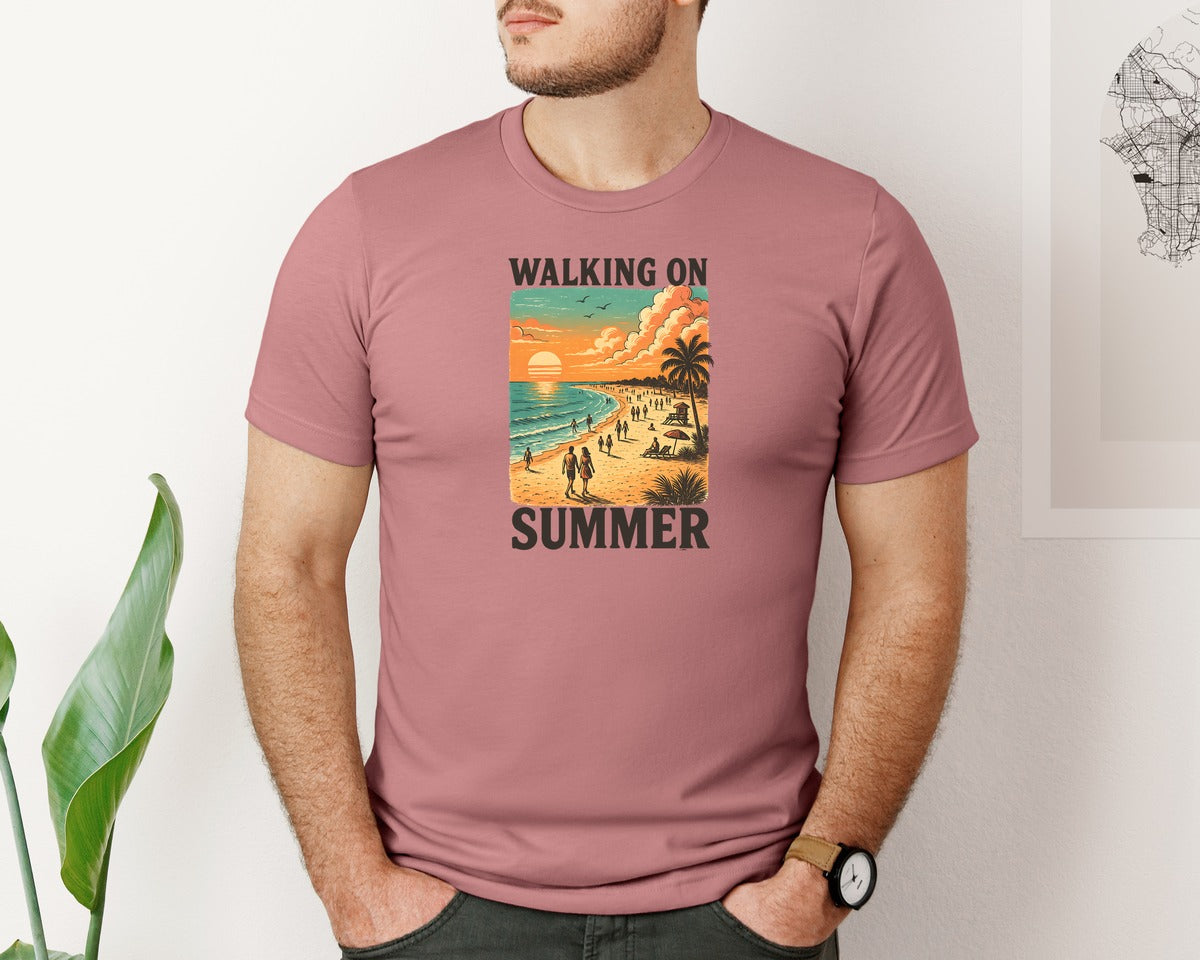 brand:Bella Canvas|color:Heather Mauve|Walking On Beach Sunset Summer T Shirt Graphic T-Shirt
