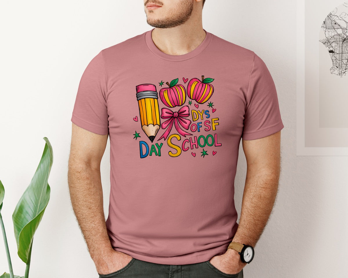 brand:Bella Canvas|color:Heather Mauve|Kid Drawn 100 Days Of School Crayon 3 Graphic T-Shirt