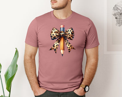 brand:Bella Canvas|color:Heather Mauve|Pencil With Bow Leopard Bow Teacher Name Graphic T-Shirt
