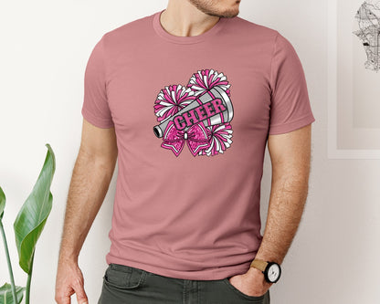 brand:Bella Canvas|color:Heather Mauve|Cheer Pink Glitter Pom Poms Bow Graphic T-Shirt