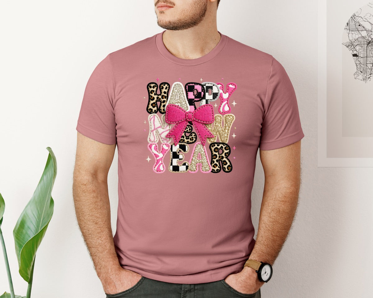 brand:Bella Canvas|color:Heather Mauve|Patches Happy New Year Graphic T-Shirt